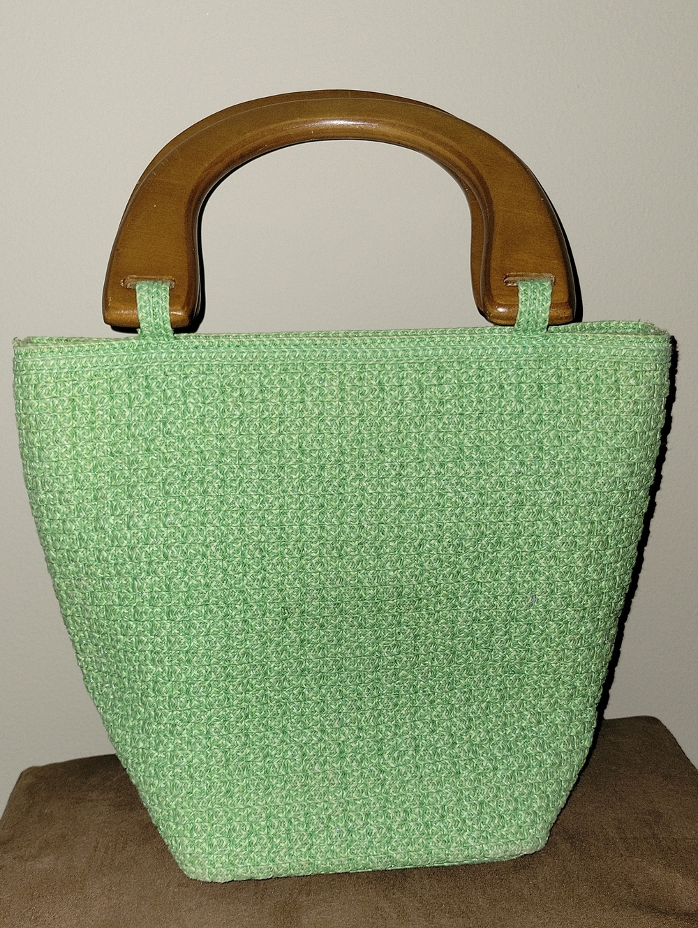 Green Crochet Tote with Wood Handles